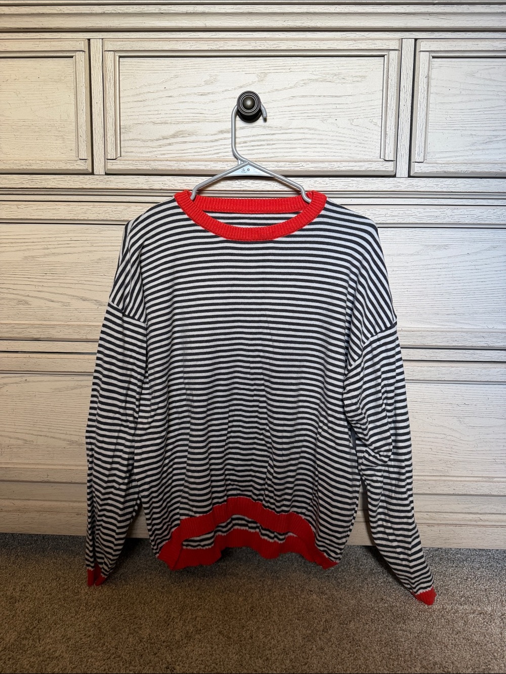 Women’s Striped Black & White Sweater with Red Trim